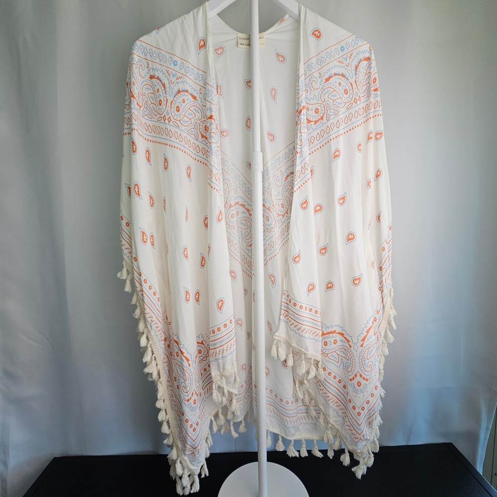 Bobbie Brooks Paisley Kimono‎ Wrap White Orange Blue Tassel Fringe Boho Festival